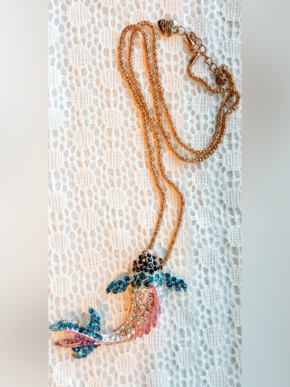 Betsey Johnson Gold Tone Necklace with Blue and Pink Crystal Fish Pendant